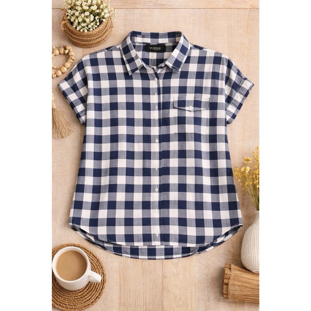 Emery Rose 1XL Navy White Gingham Button Up Blouse Country Cottage Top